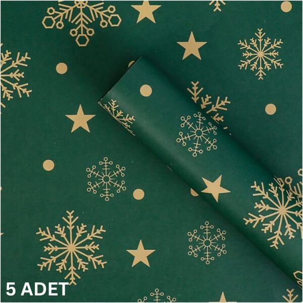 Yılbaşı Kar Tanesi Desenli Çiçek Buket Kağıdı - Hediye ve Ambalaj Kağıdı, Yeşil, 5 Adet, 58x58 Cm