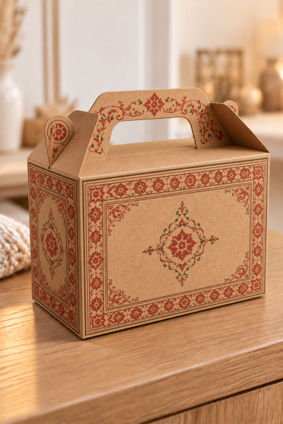 Tutmalı Kilim Desenli Kraft Hediye Kutusu, Nikah-Doğum Günü, Butik Kutusu 11x16x8 cm 2 Adet