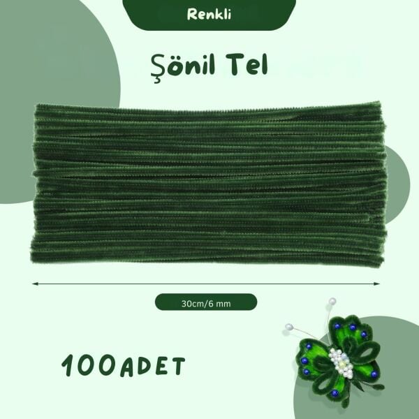Şönil Tel Seti,  – El İşi, DIY, Hobi ve Çiçek Yapım Teli, Koyu Yeşil, 100 Adet, 6 mm - 30 Cm