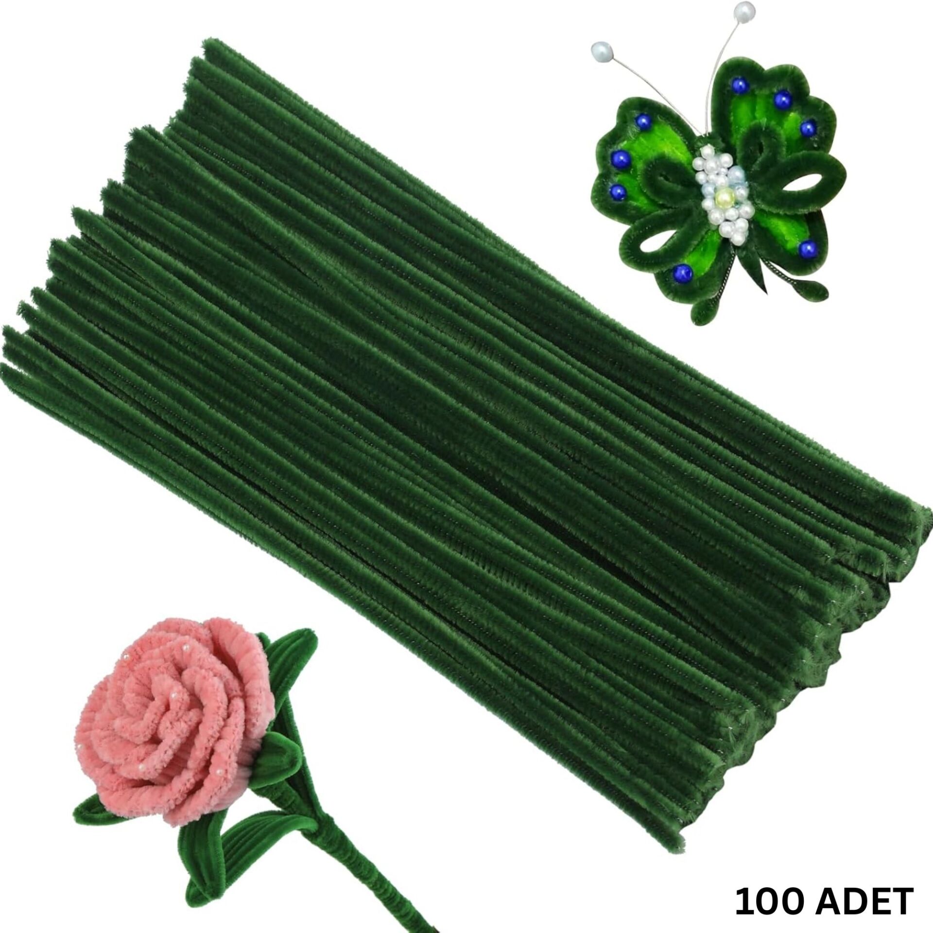 Şönil Tel Seti,  – El İşi, DIY, Hobi ve Çiçek Yapım Teli, Koyu Yeşil, 100 Adet, 6 mm - 30 Cm