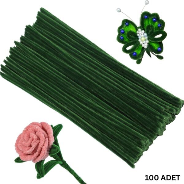 Şönil Tel,  El İşi, DIY, Hobi ve Çiçek Yapım Teli, Haki Yeşil, 100 Adet, 6 mm - 30 Cm