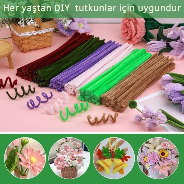 Şönil Tel,  El İşi, DIY, Hobi ve Çiçek Yapım Teli, Haki Yeşil, 100 Adet, 6 mm - 30 Cm