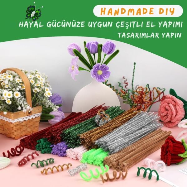Şönil Tel Seti,  – El İşi, DIY, Hobi ve Çiçek Yapım Teli, Koyu Yeşil, 100 Adet, 6 mm - 30 Cm