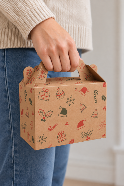 Tutmalı Yeniyıl Desenli Kraft Hediye Kutusu, Yeniyıl Yılbaşı Hediye, Butik Kutusu 11x16x8 cm
