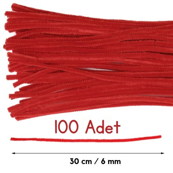 Şönil Tel,  – El İşi, DIY, Hobi ve Çiçek Yapım Teli, Kırmızı, 100 Adet, 6 mm - 30 Cm