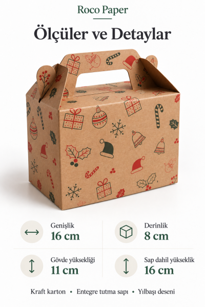 Tutmalı Yeniyıl Desenli Kraft Hediye Kutusu, Yeniyıl Yılbaşı Hediye, Butik Kutusu 11x16x8 cm