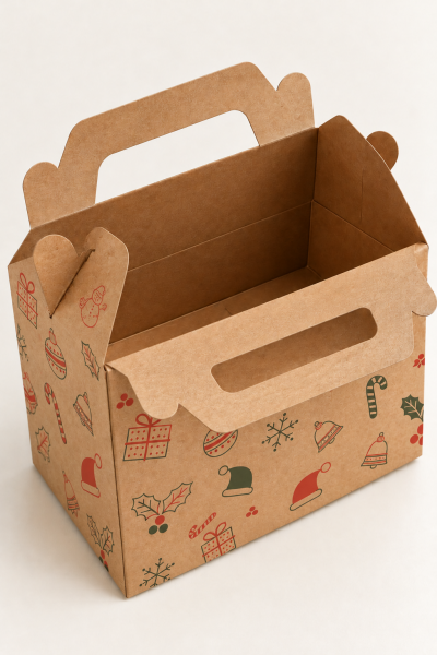 Tutmalı Yeniyıl Desenli Kraft Hediye Kutusu, Yeniyıl Yılbaşı Hediye, Butik Kutusu 11x16x8 cm 6 Adet