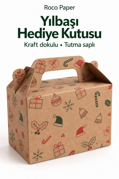Tutmalı Yeniyıl Desenli Kraft Hediye Kutusu, Yeniyıl Yılbaşı Hediye, Butik Kutusu 11x16x8 cm 2 Adet