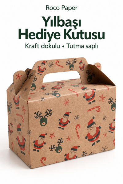 Tutmalı Yeniyıl Desenli Kraft Hediye Kutusu, Yeniyıl Yılbaşı Hediye, Butik Kutusu 11x16x8 cm