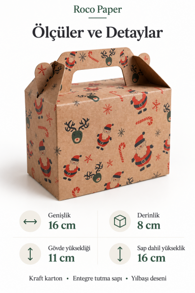 Tutmalı Yeniyıl Desenli Kraft Hediye Kutusu, Yeniyıl Yılbaşı Hediye, Butik Kutusu 11x16x8 cm