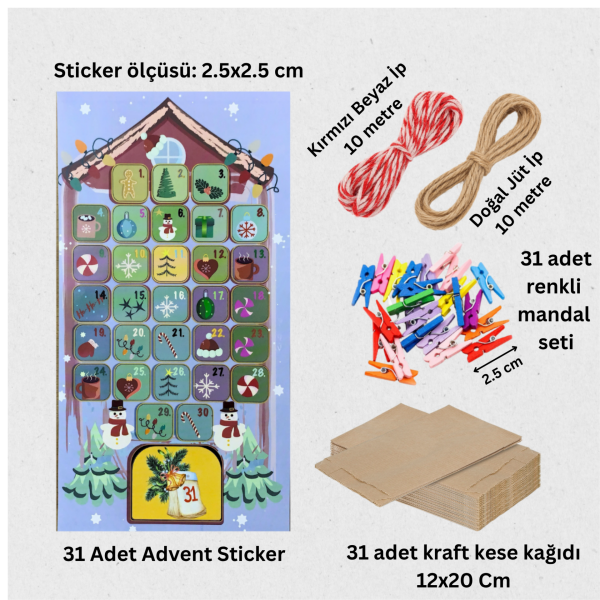 Yılbaşı Advent Takvimi Hediye Seti, Sticker-Kraft Kese Kağıdı-Renkli Ahşap Mandal-Jüt&Twine Baker İp
