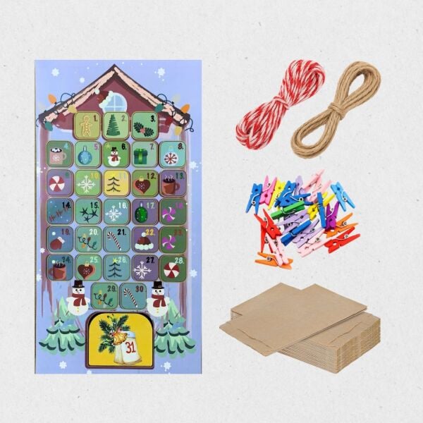Yılbaşı Advent Takvimi Hediye Seti, Sticker-Kraft Kese Kağıdı-Renkli Ahşap Mandal-Jüt&Twine Baker İp