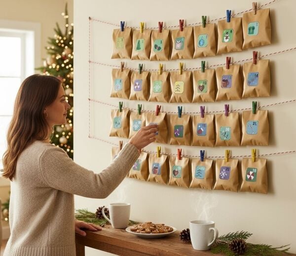 Yılbaşı Advent Takvimi Hediye Seti, Sticker-Kraft Kese Kağıdı-Renkli Ahşap Mandal-Jüt&Twine Baker İp