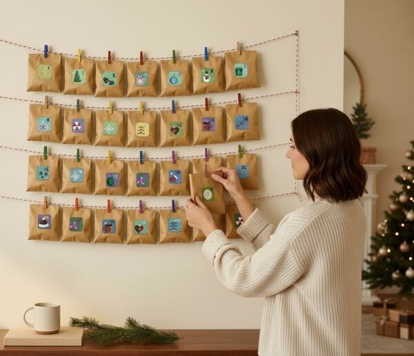 Yılbaşı Advent Takvimi Hediye Seti, Sticker-Kraft Kese Kağıdı-Renkli Ahşap Mandal-Jüt&Twine Baker İp