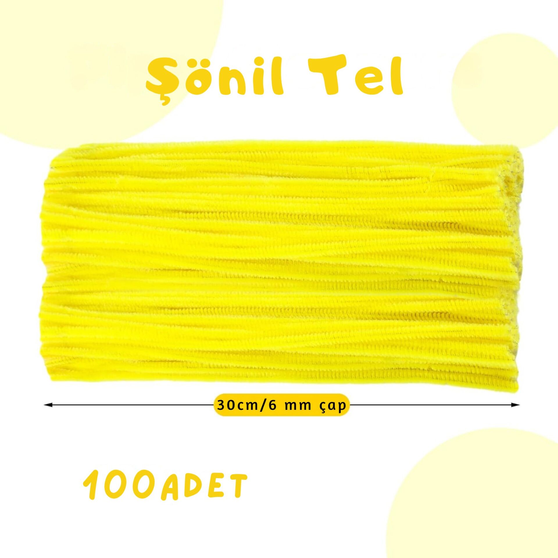 Şönil Tel,  – El İşi, DIY, Hobi ve Çiçek Yapım Teli, Sarı, 100 Adet, 6 mm - 30 Cm