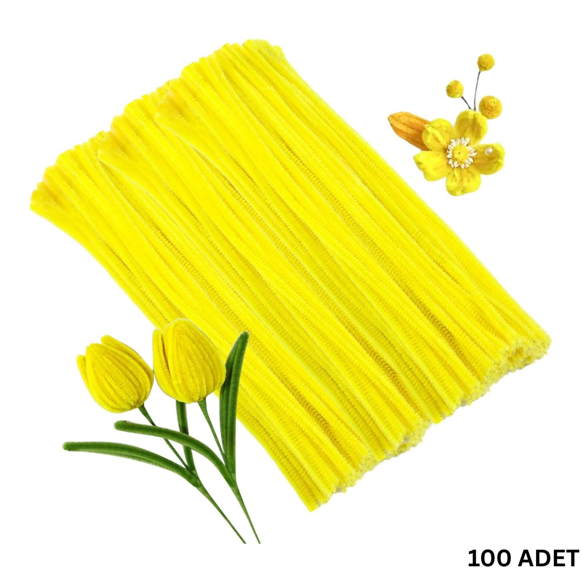 Şönil Tel,  – El İşi, DIY, Hobi ve Çiçek Yapım Teli, Sarı, 100 Adet, 6 mm - 30 Cm