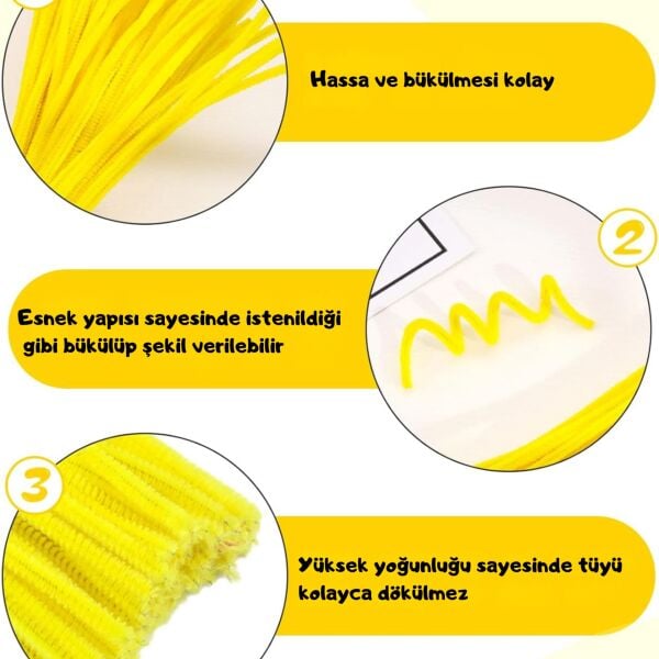 Şönil Tel,  – El İşi, DIY, Hobi ve Çiçek Yapım Teli, Sarı, 100 Adet, 6 mm - 30 Cm