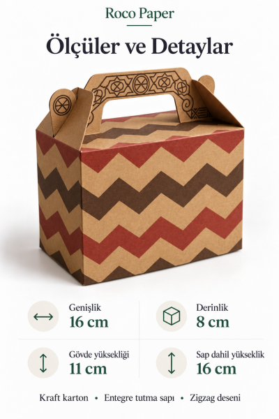 Tutmalı Zigzag Desenli Kraft Hediye Kutusu, Nikah-Doğum Günü, Butik Kutusu,  11x16x8 cm 6 Adet