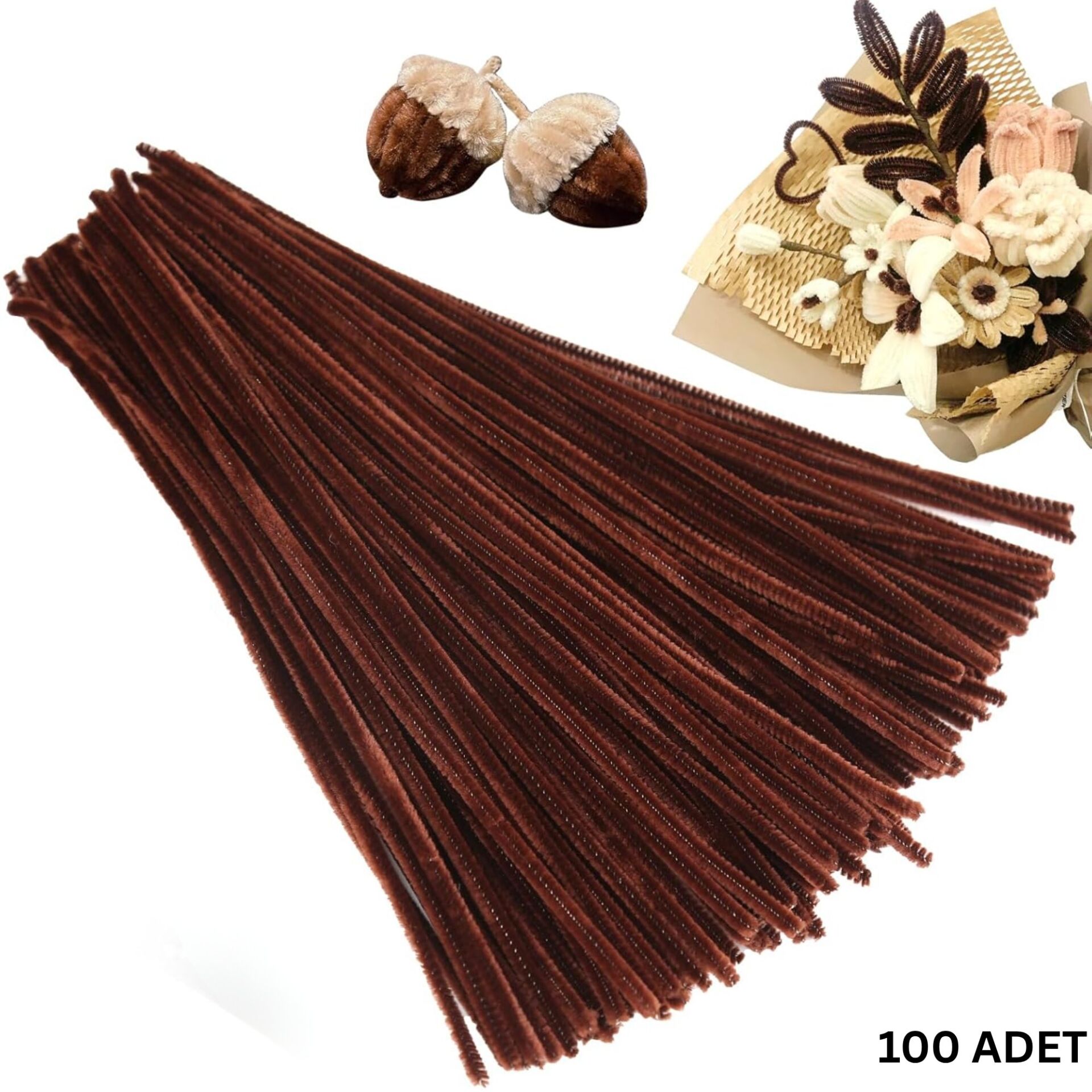 Şönil Tel,  – El İşi, DIY, Hobi ve Çiçek Yapım Teli, Kahverengi, 100 Adet, 6 mm - 30 Cm