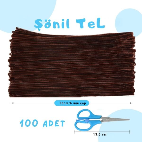 Şönil Tel,  – El İşi, DIY, Hobi ve Çiçek Yapım Teli, Kahverengi, 100 Adet, 6 mm - 30 Cm