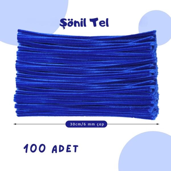 Şönil Tel,  – El İşi, DIY, Hobi ve Çiçek Yapım Teli, Saks Mavisi, 100 Adet, 6 mm - 30 Cm