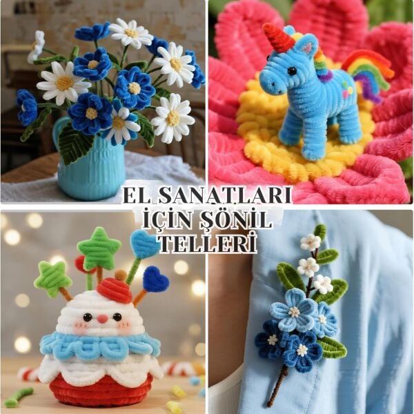 Şönil Tel,  – El İşi, DIY, Hobi ve Çiçek Yapım Teli, Saks Mavisi, 100 Adet, 6 mm - 30 Cm