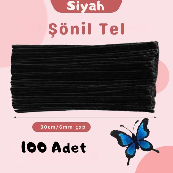 Şönil Tel,  – El İşi, DIY, Hobi ve Çiçek Yapım Teli, Siyah, 100 Adet, 6 mm - 30 Cm