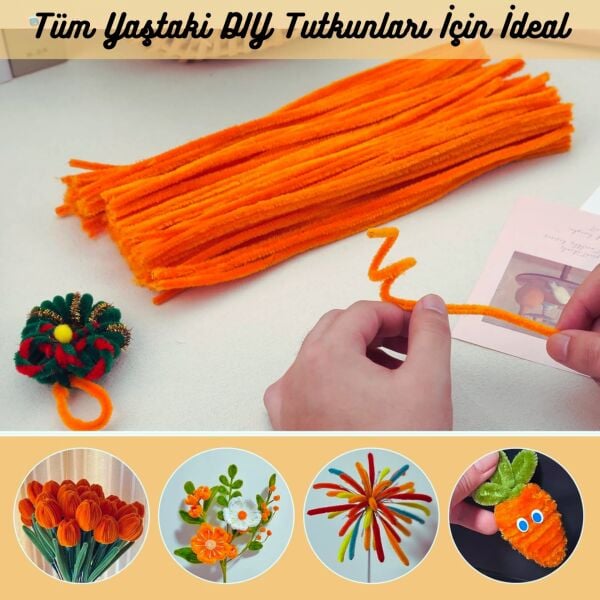 Şönil Tel,  – El İşi, DIY, Hobi ve Çiçek Yapım Teli, Turuncu, 100 Adet, 6 mm - 30 Cm
