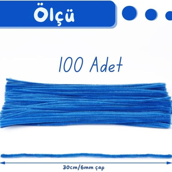 Şönil Tel,  – El İşi, DIY, Hobi ve Çiçek Yapım Teli, Mavi, 100 Adet, 6 mm - 30 Cm