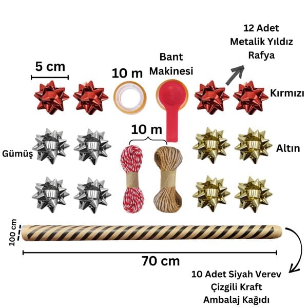 Siyah Verev Kraft Ambalaj Kağıdı Seti | 10 Rulo Kağıt (70x100 Cm)-12 Rafya-20m İp-Bant ve Makinesi