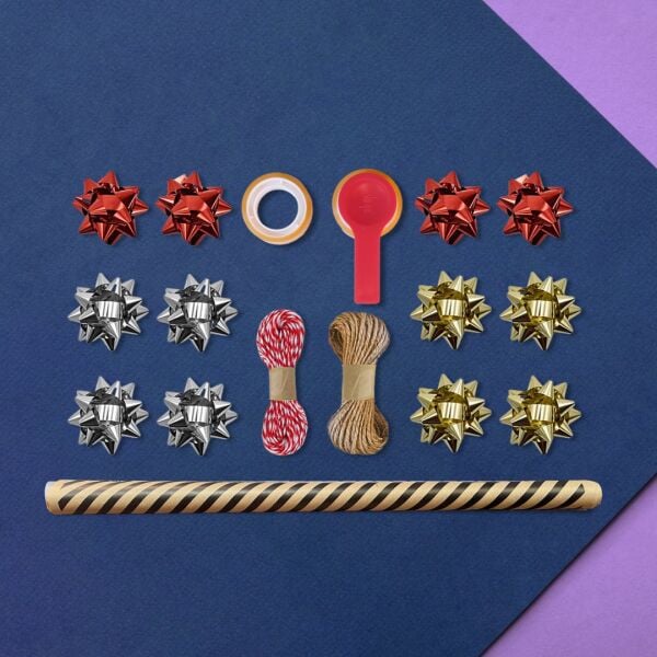 Siyah Verev Kraft Ambalaj Kağıdı Seti | 10 Rulo Kağıt (70x100 Cm)-12 Rafya-20m İp-Bant ve Makinesi