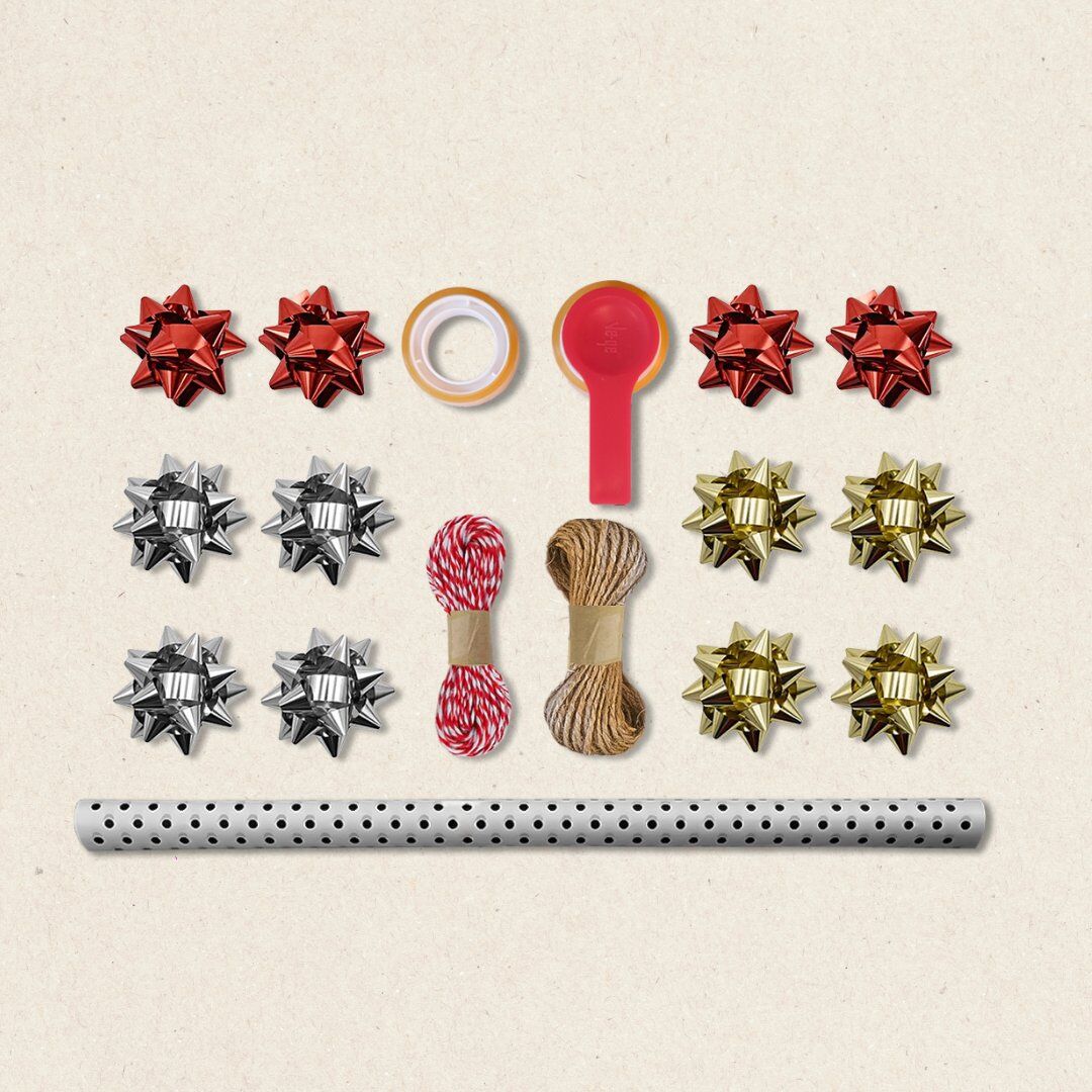 Siyah Puantiyeli Beyaz Ambalaj Kağıdı Seti, 10 Rulo Kağıt(70x100Cm)-12 Rafya-20m İp-Bant ve Makinesi