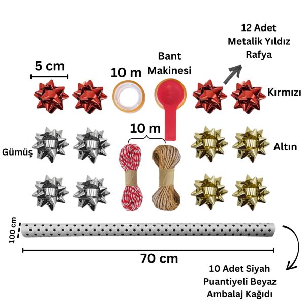 Siyah Puantiyeli Beyaz Ambalaj Kağıdı Seti, 10 Rulo Kağıt(70x100Cm)-12 Rafya-20m İp-Bant ve Makinesi