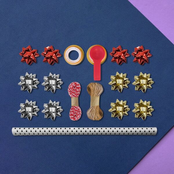 Siyah Puantiyeli Beyaz Ambalaj Kağıdı Seti, 10 Rulo Kağıt(70x100Cm)-12 Rafya-20m İp-Bant ve Makinesi