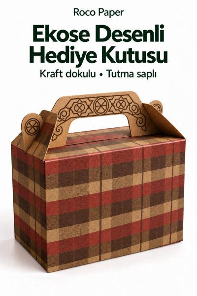 Tutmalı Kraft Hediye Kutusu, Ekose Desenli Taşıma Kulplu Karton Poşet 11x16x8 cm 2 Adet