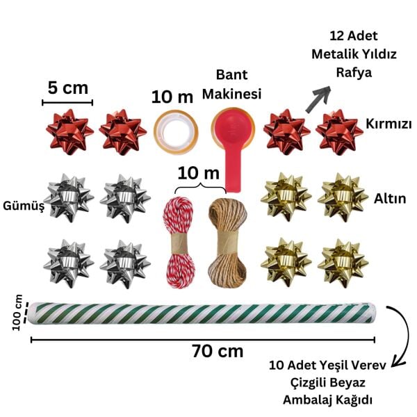 Yeşil Verev Beyaz Ambalaj Kağıdı Seti | 10 Rulo Kağıt (70x100 Cm)-12 Rafya-20m İp-Bant ve Makinesi