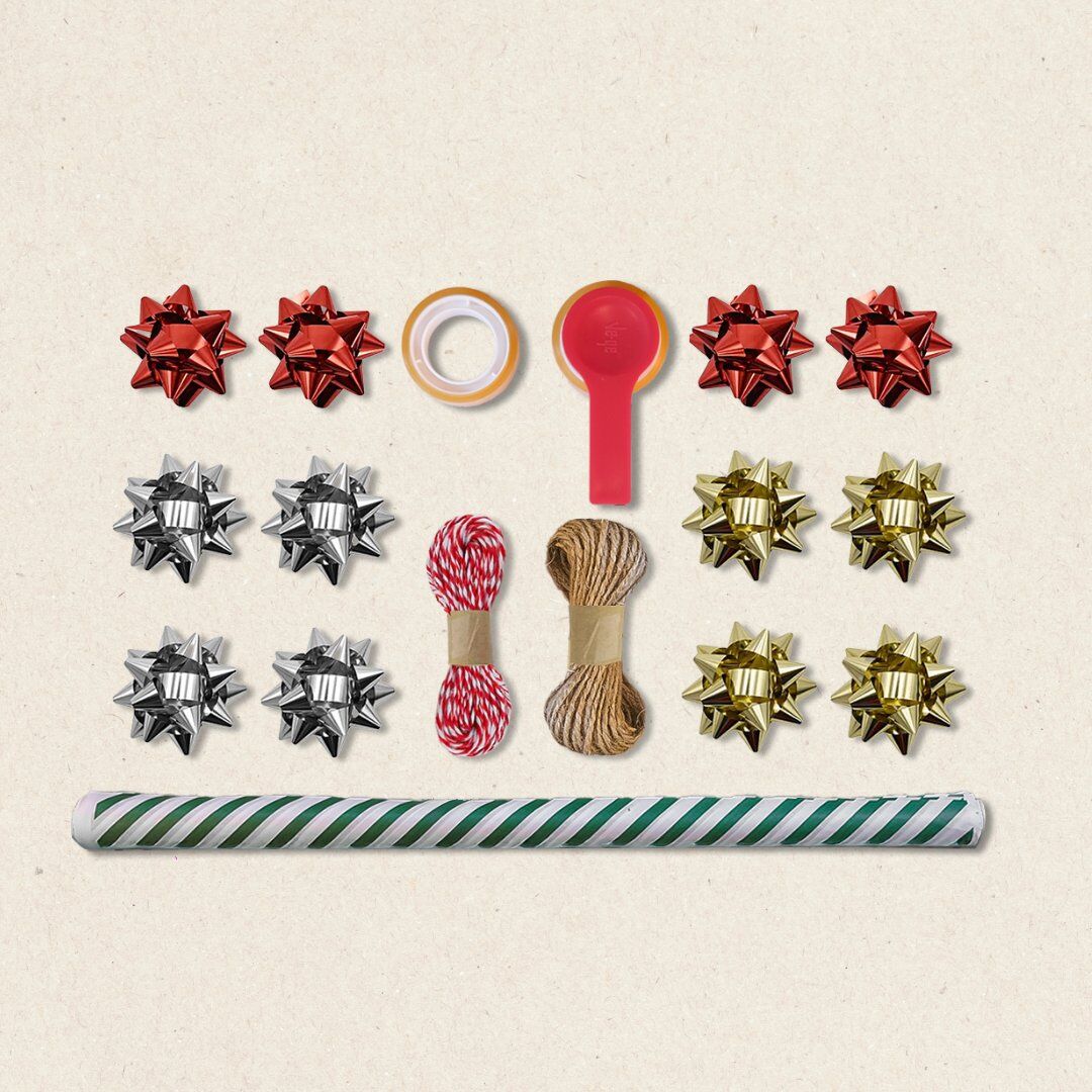 Yeşil Verev Beyaz Ambalaj Kağıdı Seti | 10 Rulo Kağıt (70x100 Cm)-12 Rafya-20m İp-Bant ve Makinesi