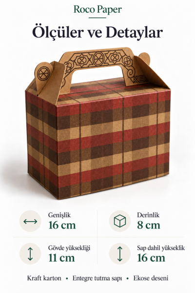 Tutmalı Kraft Hediye Kutusu, Ekose Desenli Taşıma Kulplu Karton Poşet 11x16x8 cm 6 Adet