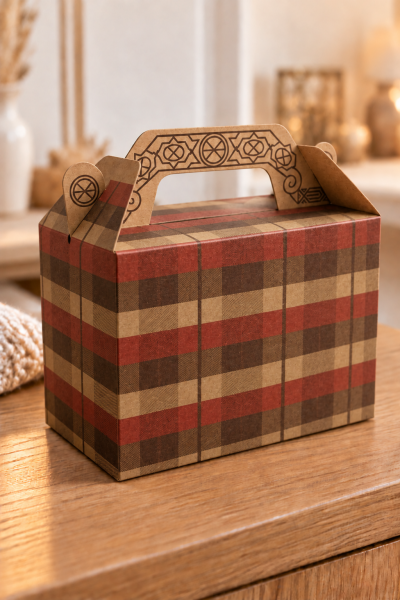 Tutmalı Kraft Hediye Kutusu, Ekose Desenli Taşıma Kulplu Karton Poşet 11x16x8 cm 6 Adet