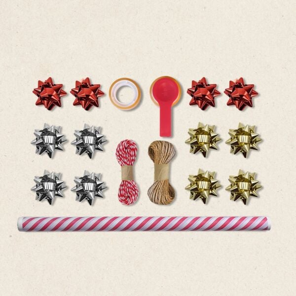 Kırmızı Verev Beyaz Ambalaj Kağıdı Seti | 10 Rulo Kağıt (70x100 Cm)-12 Rafya-20m İp-Bant ve Makinesi