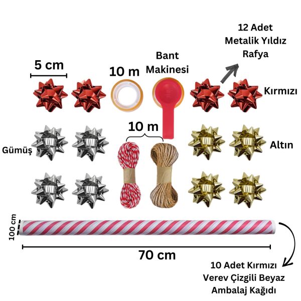 Kırmızı Verev Beyaz Ambalaj Kağıdı Seti | 10 Rulo Kağıt (70x100 Cm)-12 Rafya-20m İp-Bant ve Makinesi