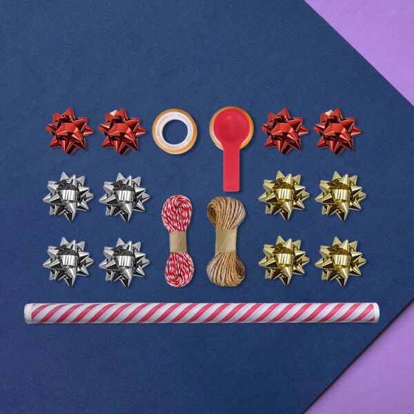 Kırmızı Verev Beyaz Ambalaj Kağıdı Seti | 10 Rulo Kağıt (70x100 Cm)-12 Rafya-20m İp-Bant ve Makinesi