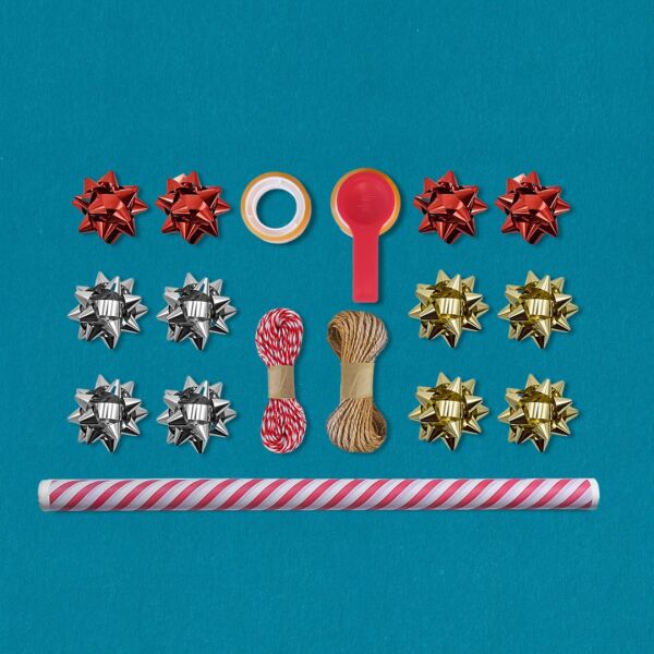 Kırmızı Verev Beyaz Ambalaj Kağıdı Seti | 10 Rulo Kağıt (70x100 Cm)-12 Rafya-20m İp-Bant ve Makinesi