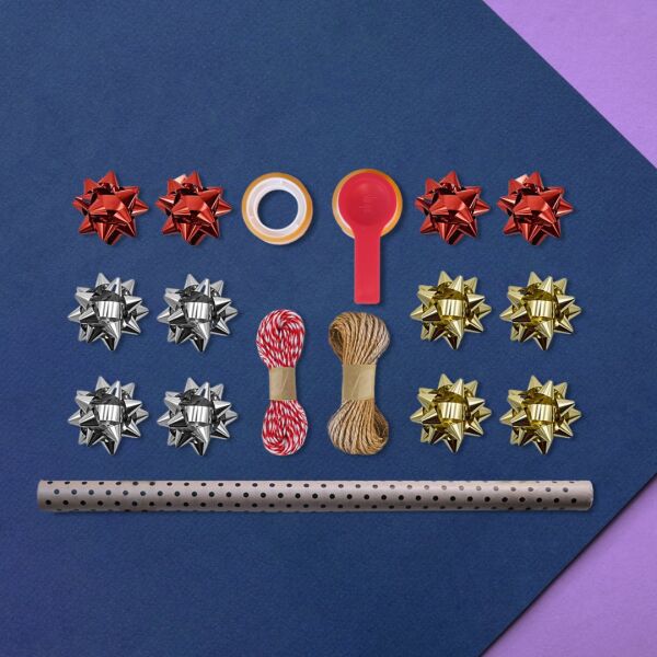 Siyah Puantiyeli Kraft Ambalaj Kağıdı Seti, 10 Rulo Kağıt(70x100Cm)-12 Rafya-20m İp-Bant ve Makinesi