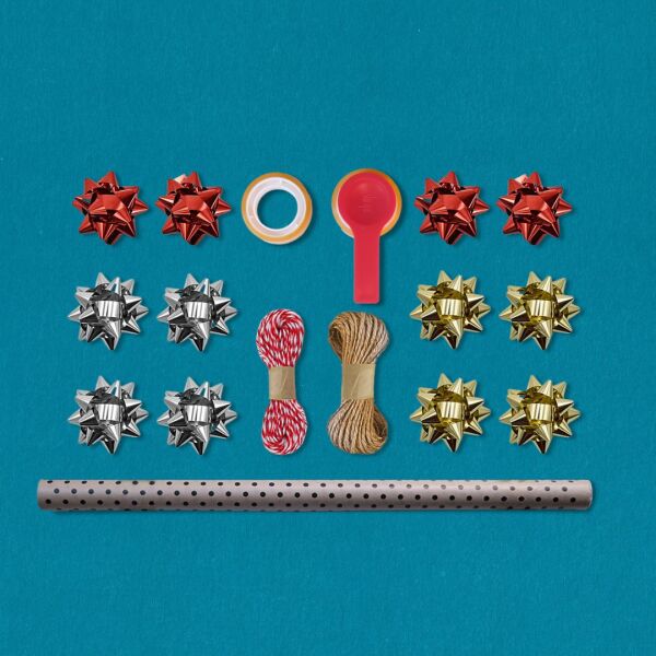 Siyah Puantiyeli Kraft Ambalaj Kağıdı Seti, 10 Rulo Kağıt(70x100Cm)-12 Rafya-20m İp-Bant ve Makinesi