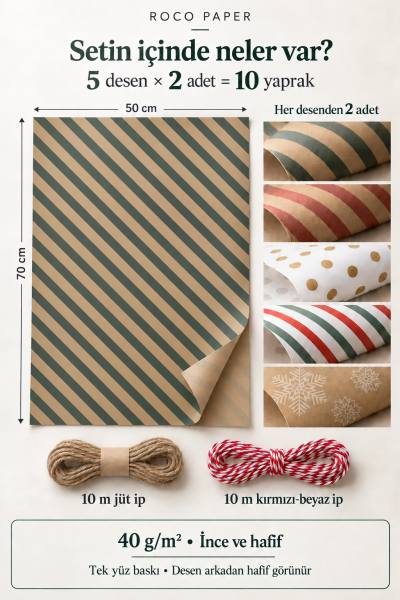 Yeniyıl Hediye Paketleme Seti 10 Kağıt 50*70 cm & 20 mt ip