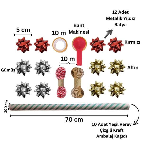 Yeşil Verev Kraft Ambalaj Kağıdı Seti | 10 Rulo Kağıt (70x100 Cm)-12 Rafya-20m İp-Bant ve Makinesi