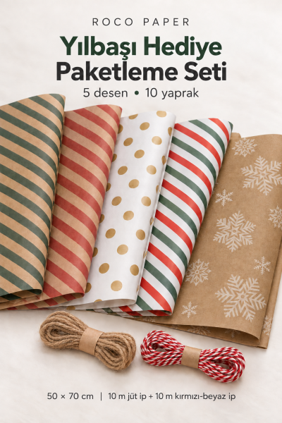 Yeniyıl Hediye Paketleme Seti 10 Kağıt 50*70 cm & 20 mt ip