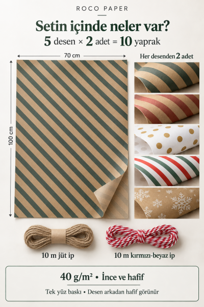 Yeniyıl Hediye Paketleme Seti 10 Kağıt 70*100 cm & 20 mt ip