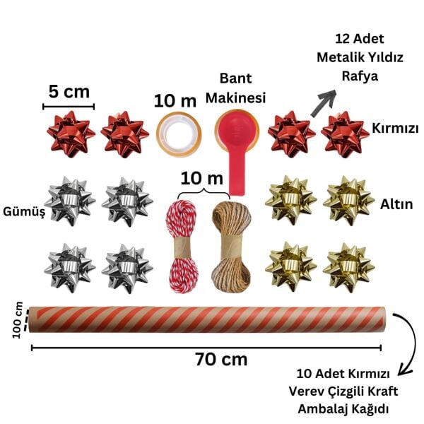 Kırmızı Verev Kraft Ambalaj Kağıdı Seti | 10 Rulo Kağıt (70x100 Cm)-12 Rafya-20m İp-Bant ve Makinesi